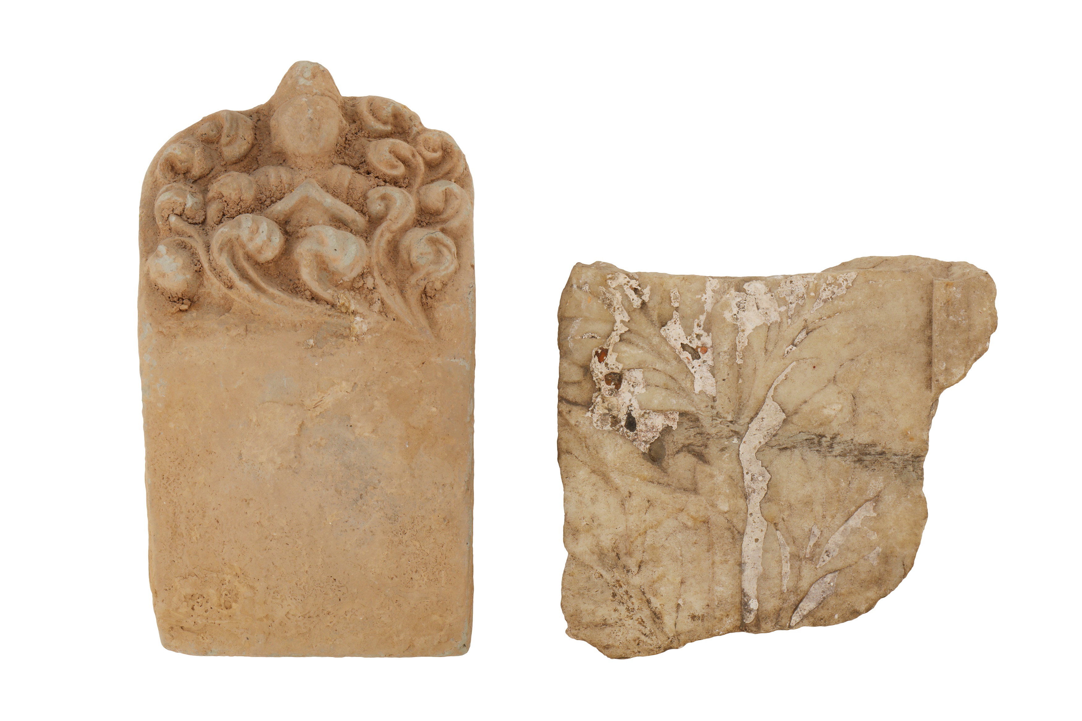 TWO POSSIBLY INDIAN CARVED STONE ARCHITECTURAL PIECES