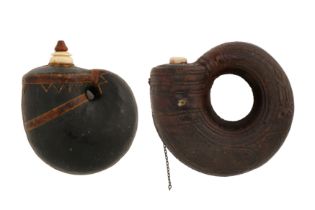 AN EARLY 19TH CENTURY MUGHAL INDIAN LEATHER POWDER FLASK AND ANOTHER SIMILAR FLASK