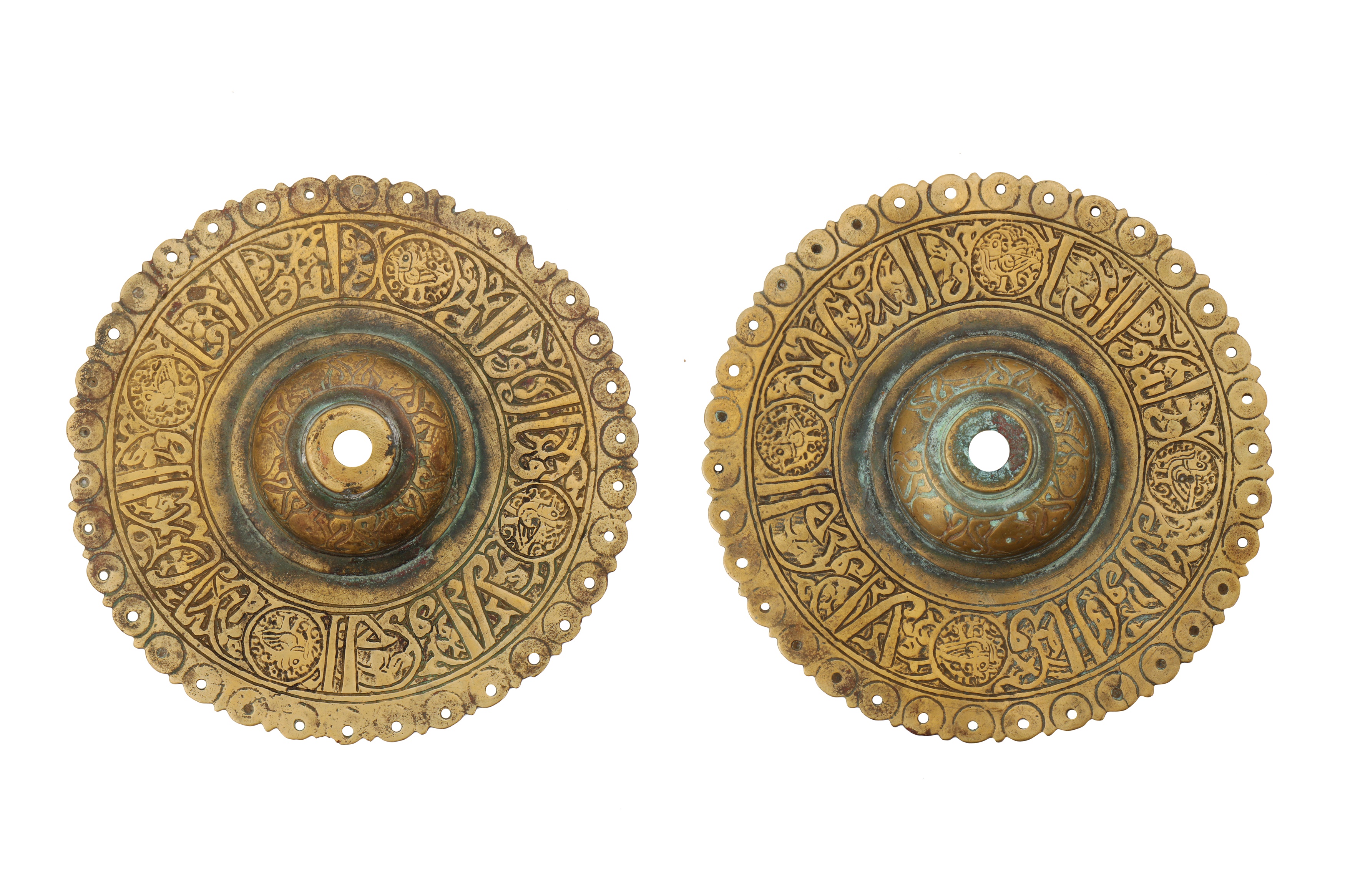 A PAIR OF 12TH - 13TH CENTURY PERSIAN SELJUK BRONZE DOOR BOSSES