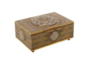 A LATE 19TH CENTURY NASRID STYLE SPANISH TOLEDO SILVER AND GOLD-DAMASCENED BOX