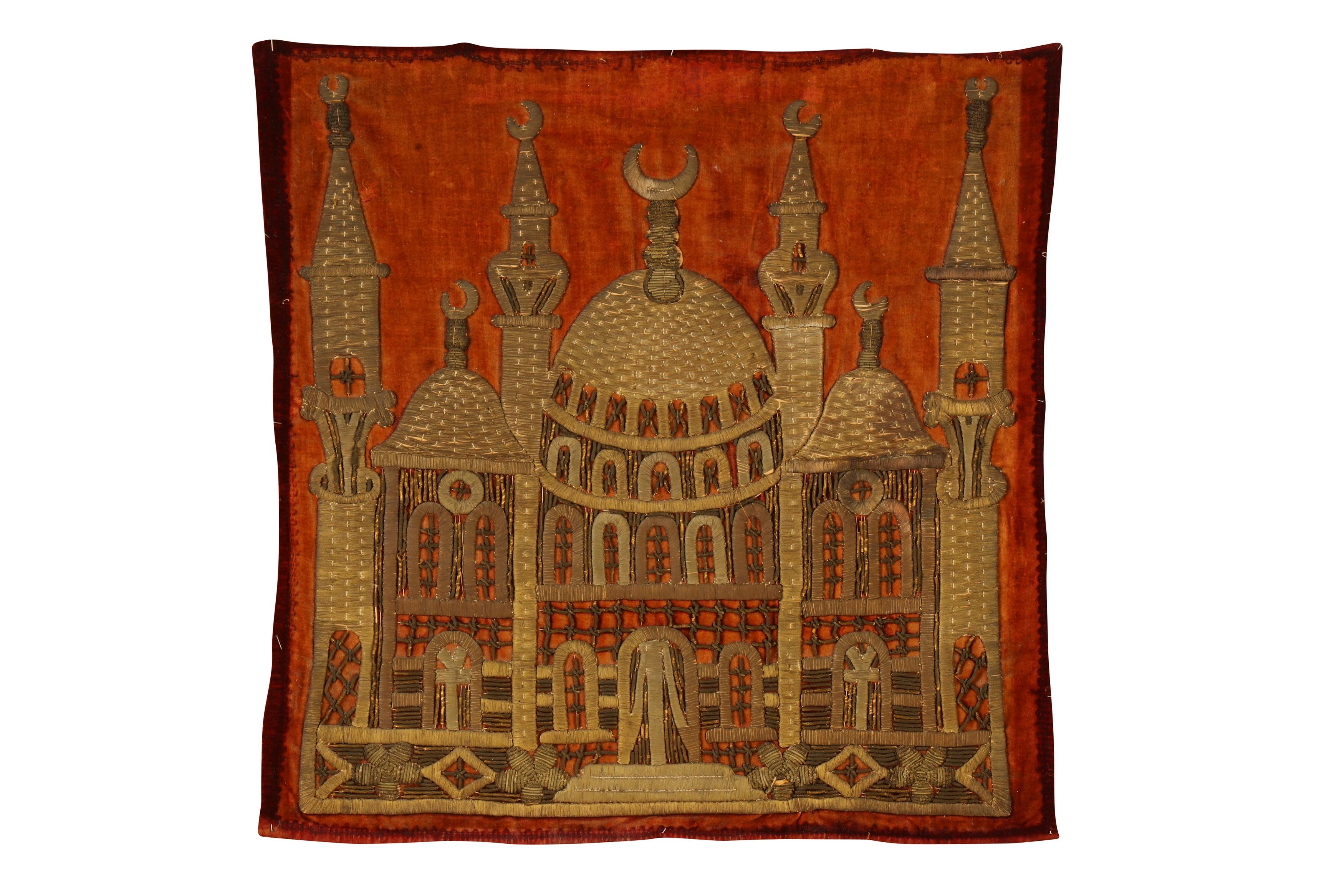 A 19TH CENTURY OTTOMAN TURKISH SILVER THREAD EMBROIDERED VELVET CUSHION COVER