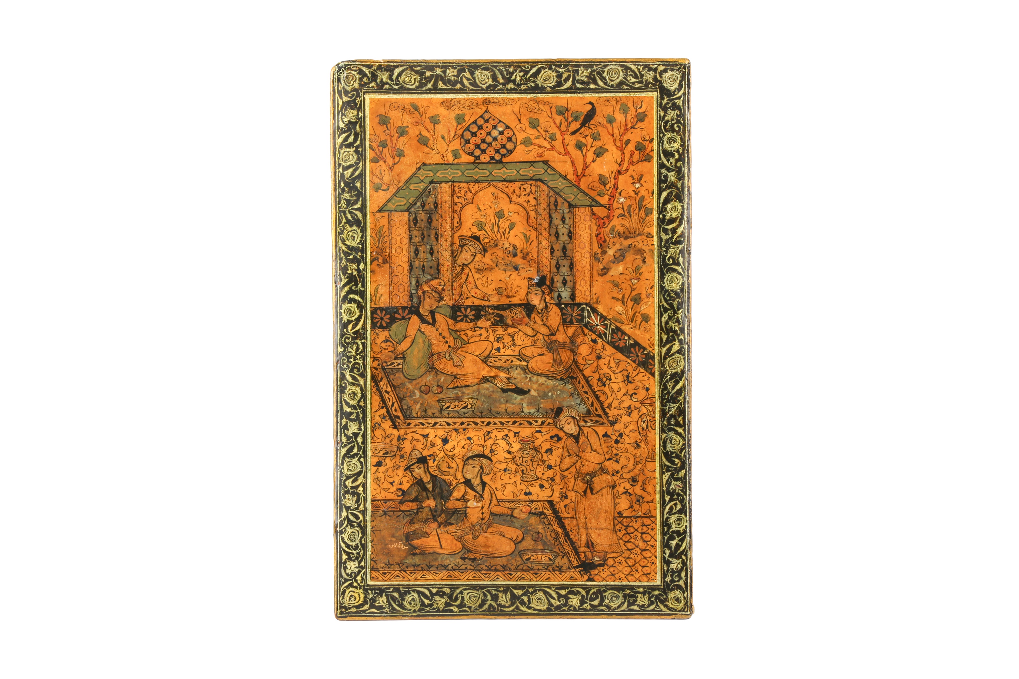 A LARGE 19TH CENTURY QAJAR LAQUERED BOOKBINDING COVER
