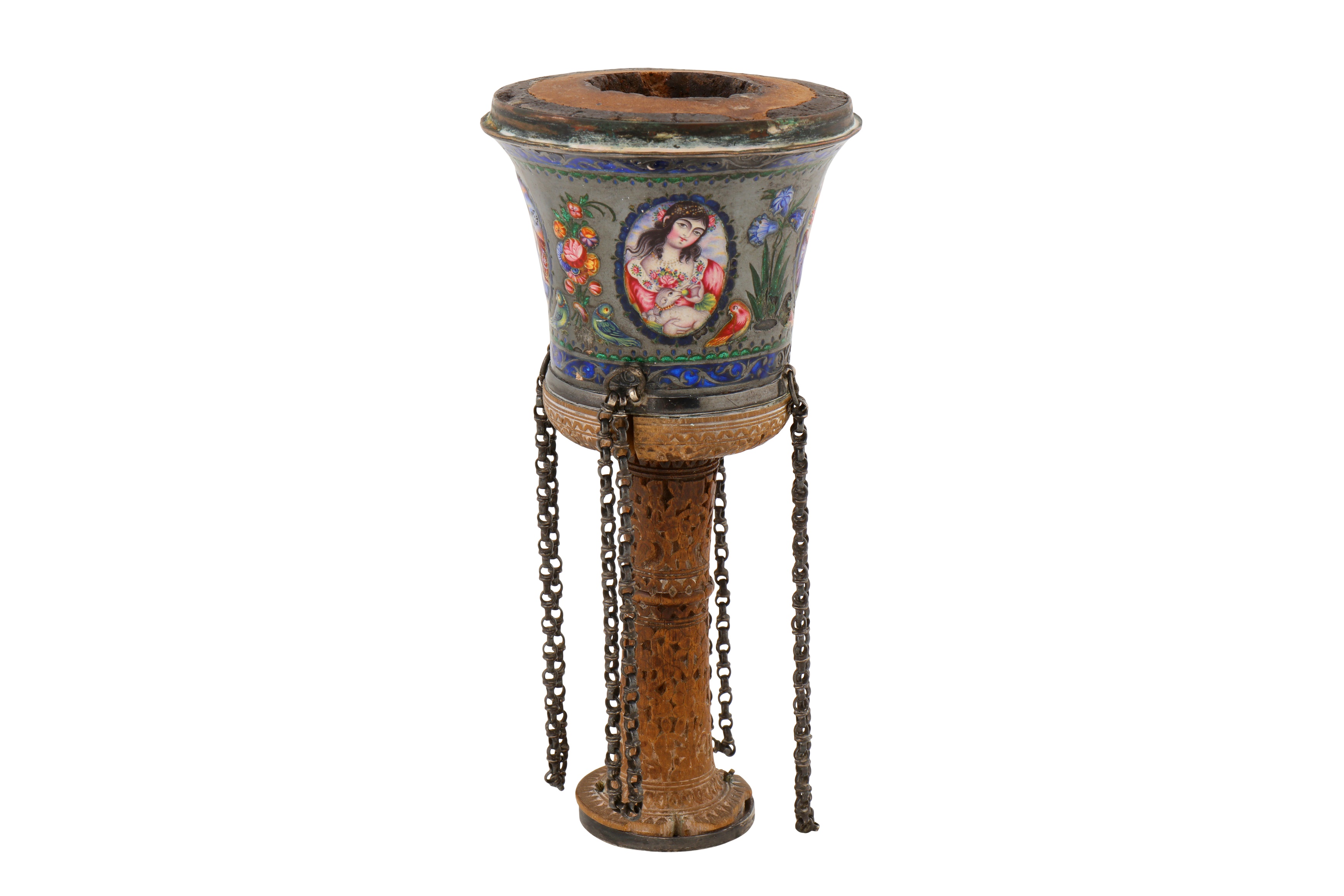 A 19TH CENTURY PERSIAN QAJAR ENAMELLED GILT-COPPER GHALIAN CUP SIGNED 'ABD AL-RAHIM' - Image 3 of 6