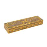 A 19TH CENTURY SYRIAN DAMASCUS SILVER AND COPPER INLAID BRASS PEN BOX