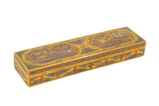 A 19TH CENTURY SYRIAN DAMASCUS SILVER AND COPPER INLAID BRASS PEN BOX