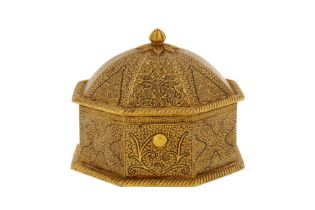 A NORTH INDIAN 19TH CENTURY GOLD OVERLAID STEEL DOMED BOX