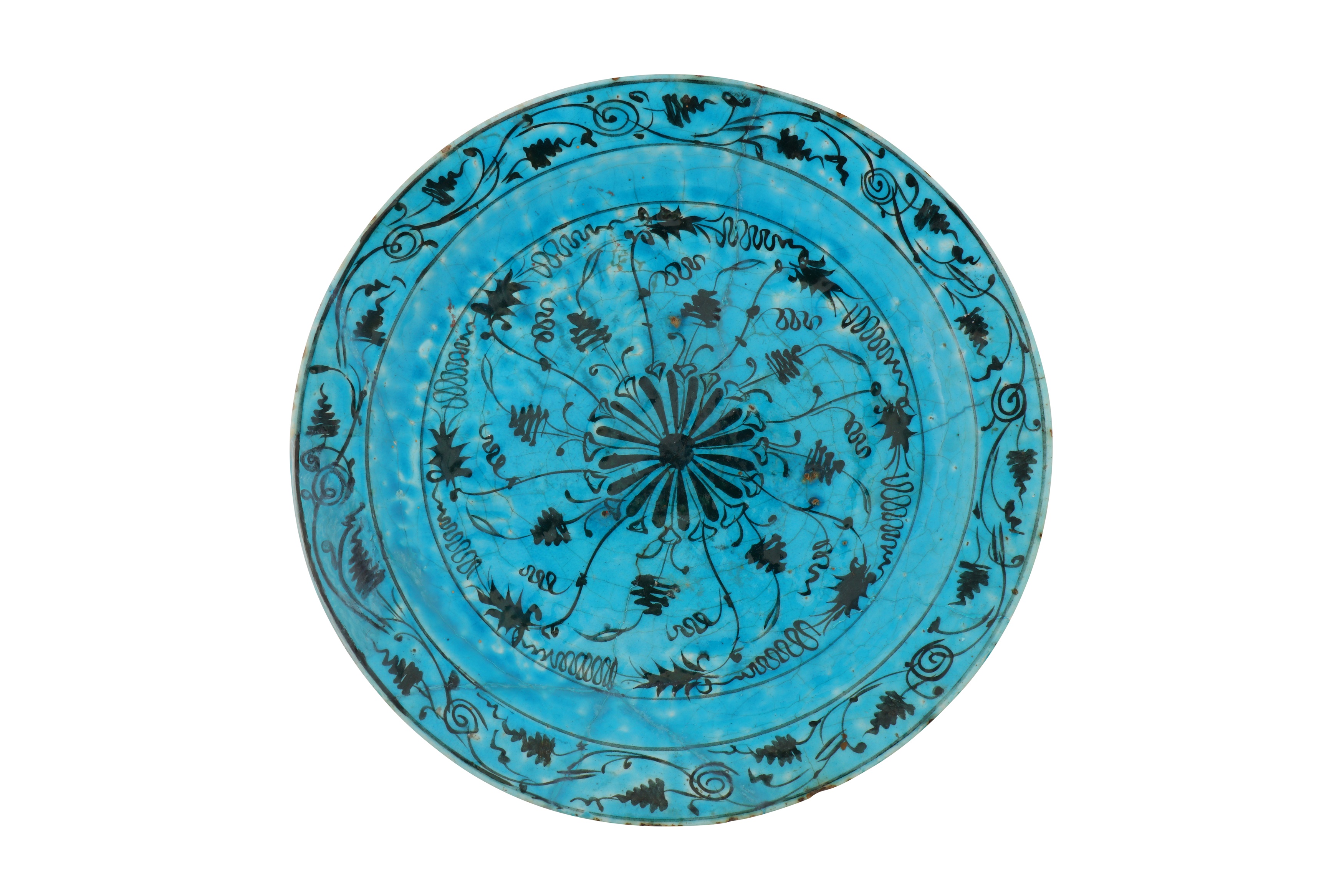 A LARGE 16TH-17TH CENTURY PERSIAN SAFAVID KUBACHI TURQUOISE DISH