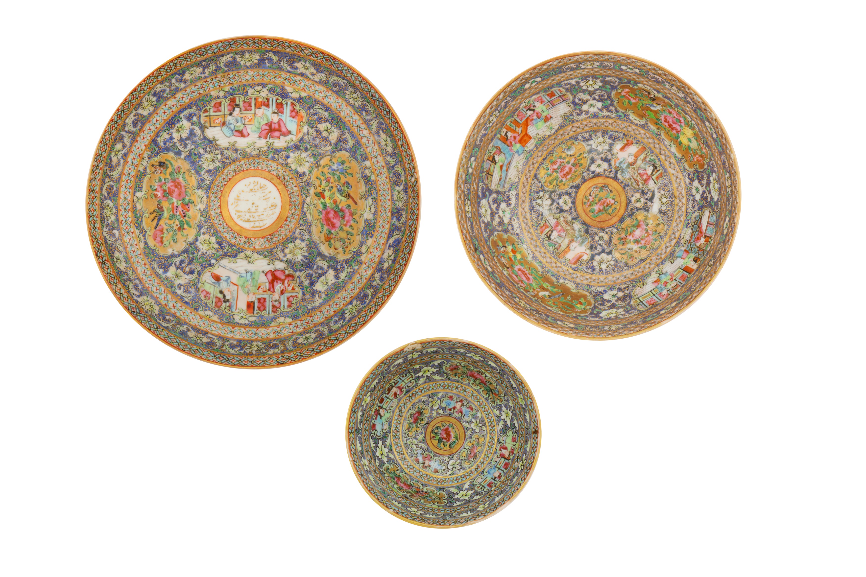 A MEDIUM-SIZED BOWL AND DISH AND SMALLER BOWL FROM THE ZILL AL-SULTAN CANTON PORCELAIN SERVICE