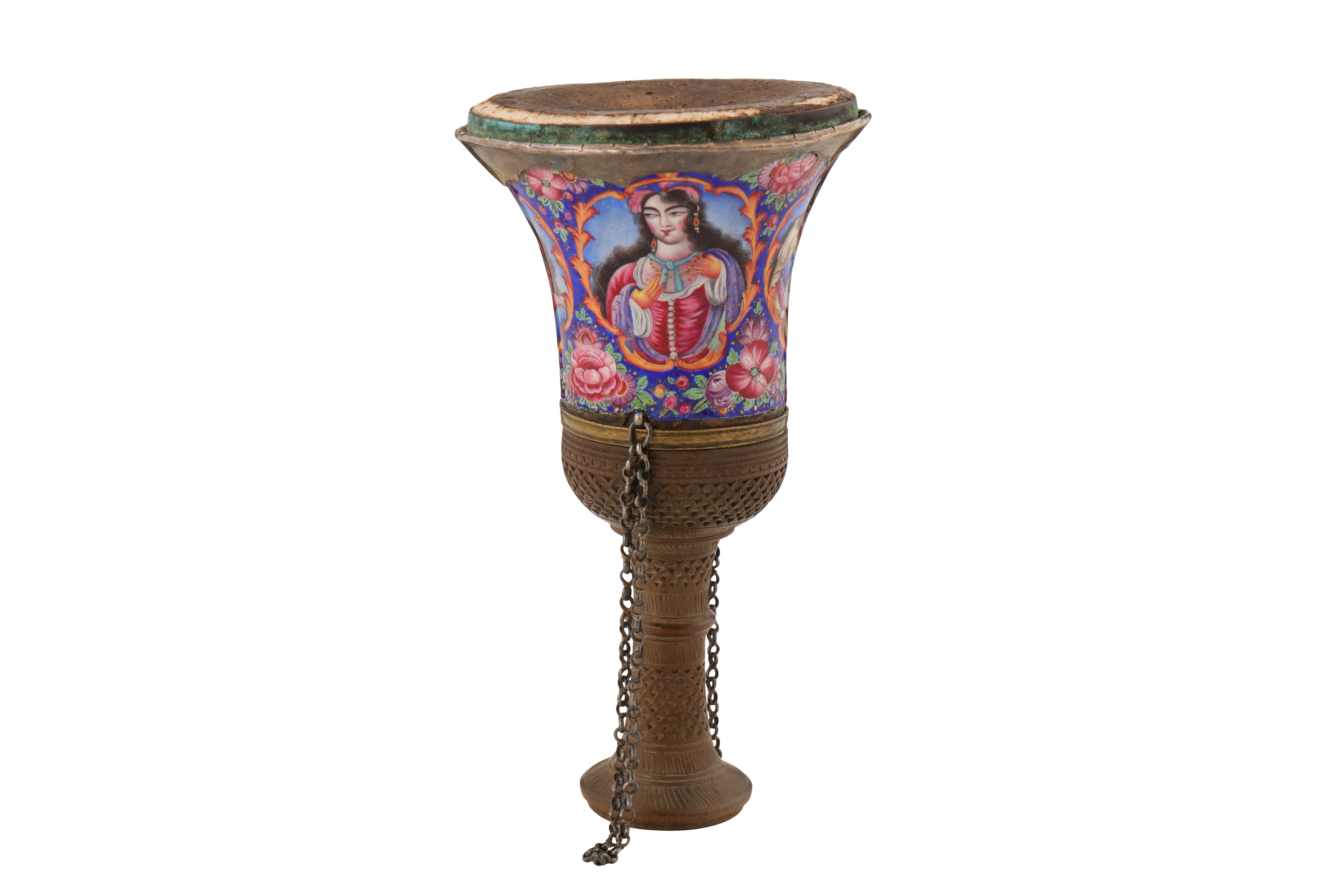 A 19TH CENTURY PERSIAN QAJAR ENAMELLED COPPER GHALIAN CUP - Image 3 of 4