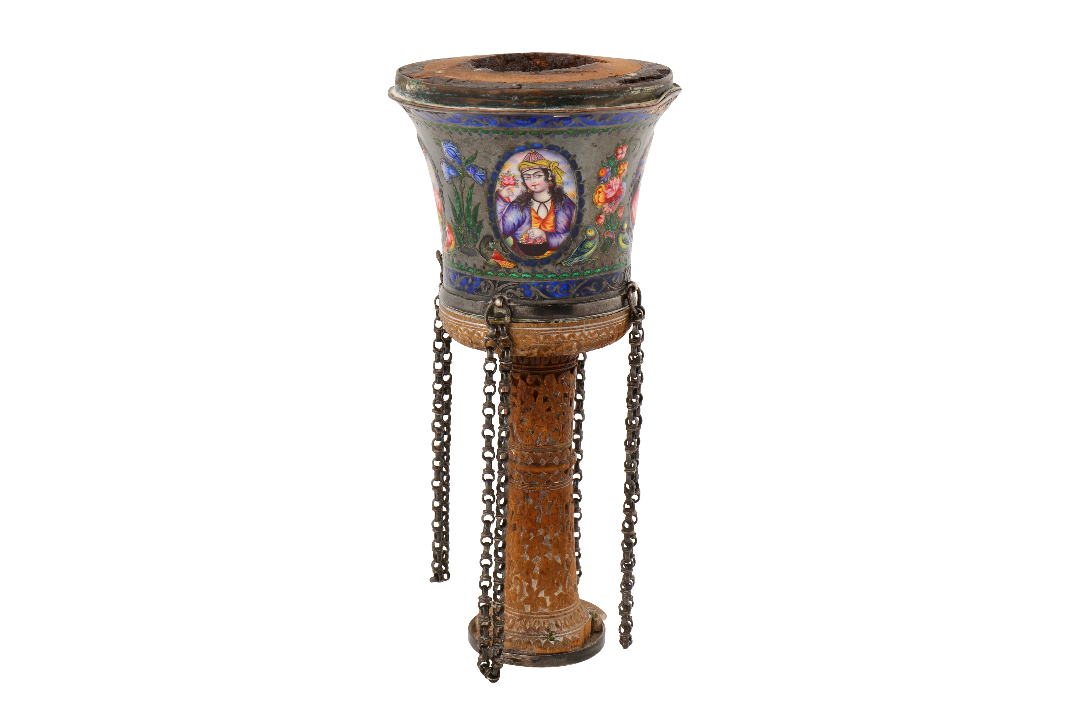 A 19TH CENTURY PERSIAN QAJAR ENAMELLED GILT-COPPER GHALIAN CUP SIGNED 'ABD AL-RAHIM' - Image 4 of 6