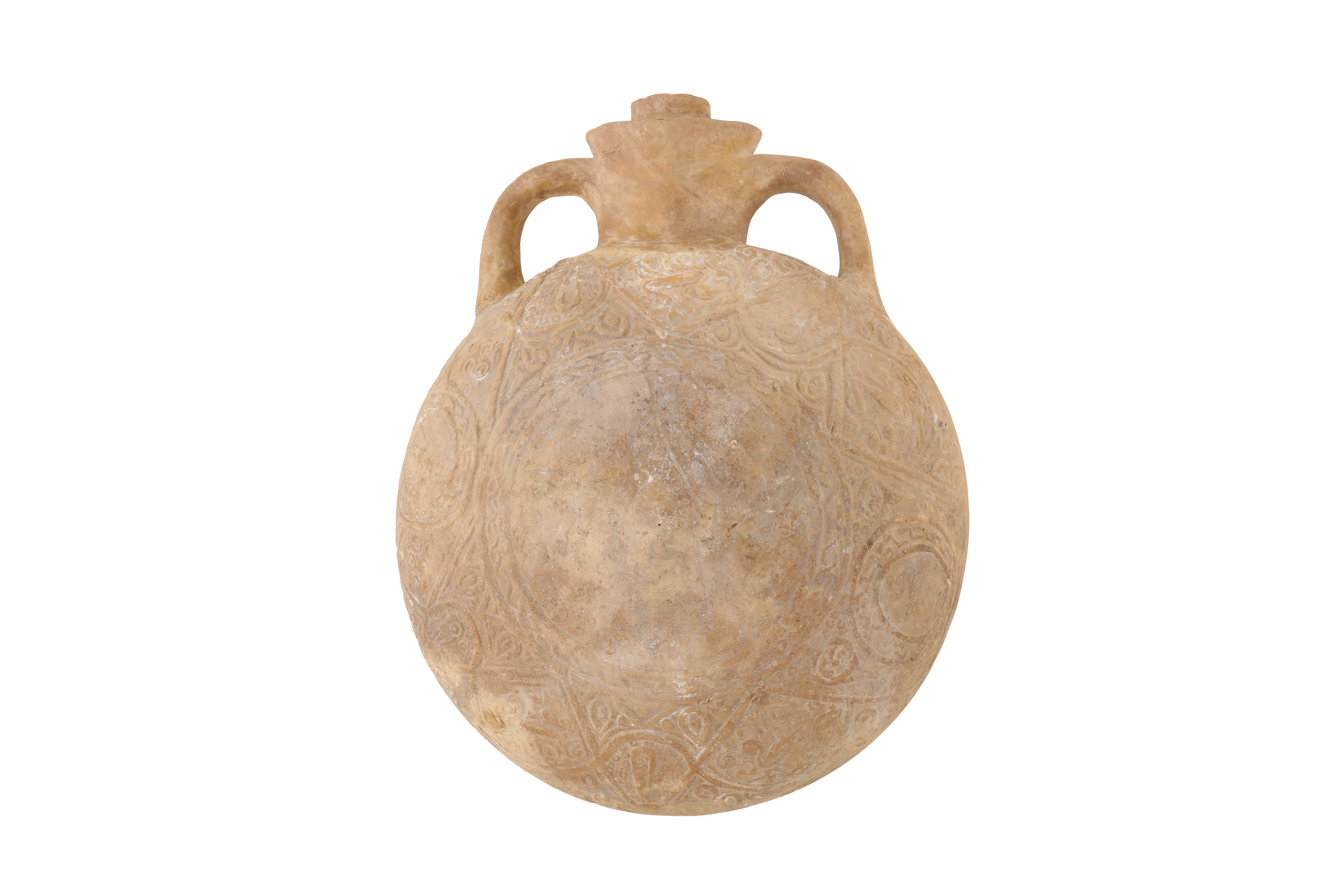 A 12TH-14TH CENTURY PERSIAN UNGLAZED MOULDED POTTERY PILGRIM FLASK - Image 4 of 4