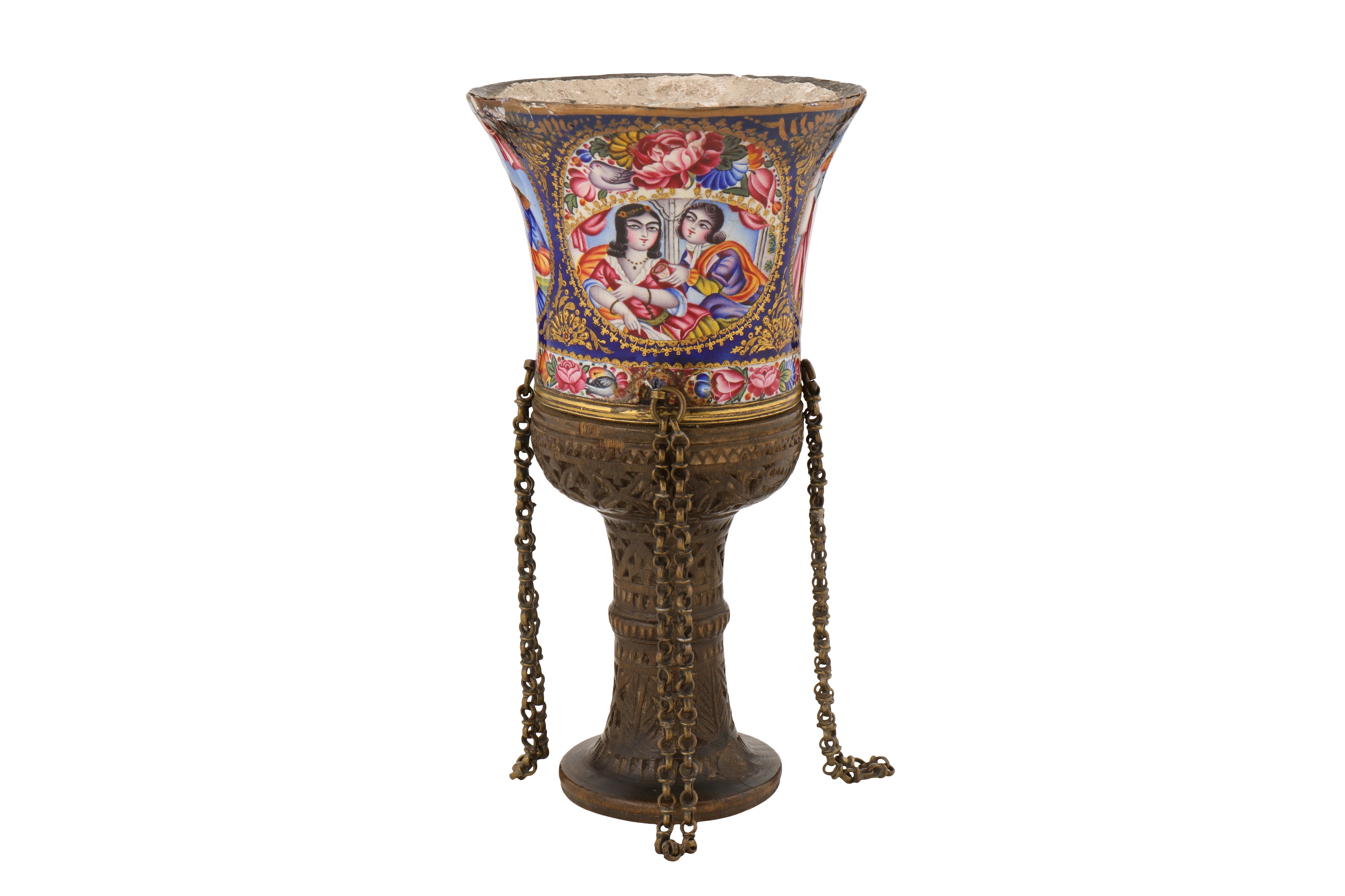 A 19TH CENTURY PERSIAN QAJAR ENAMELLED GHALIAN CUP