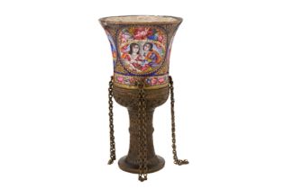 A 19TH CENTURY PERSIAN QAJAR ENAMELLED GHALIAN CUP