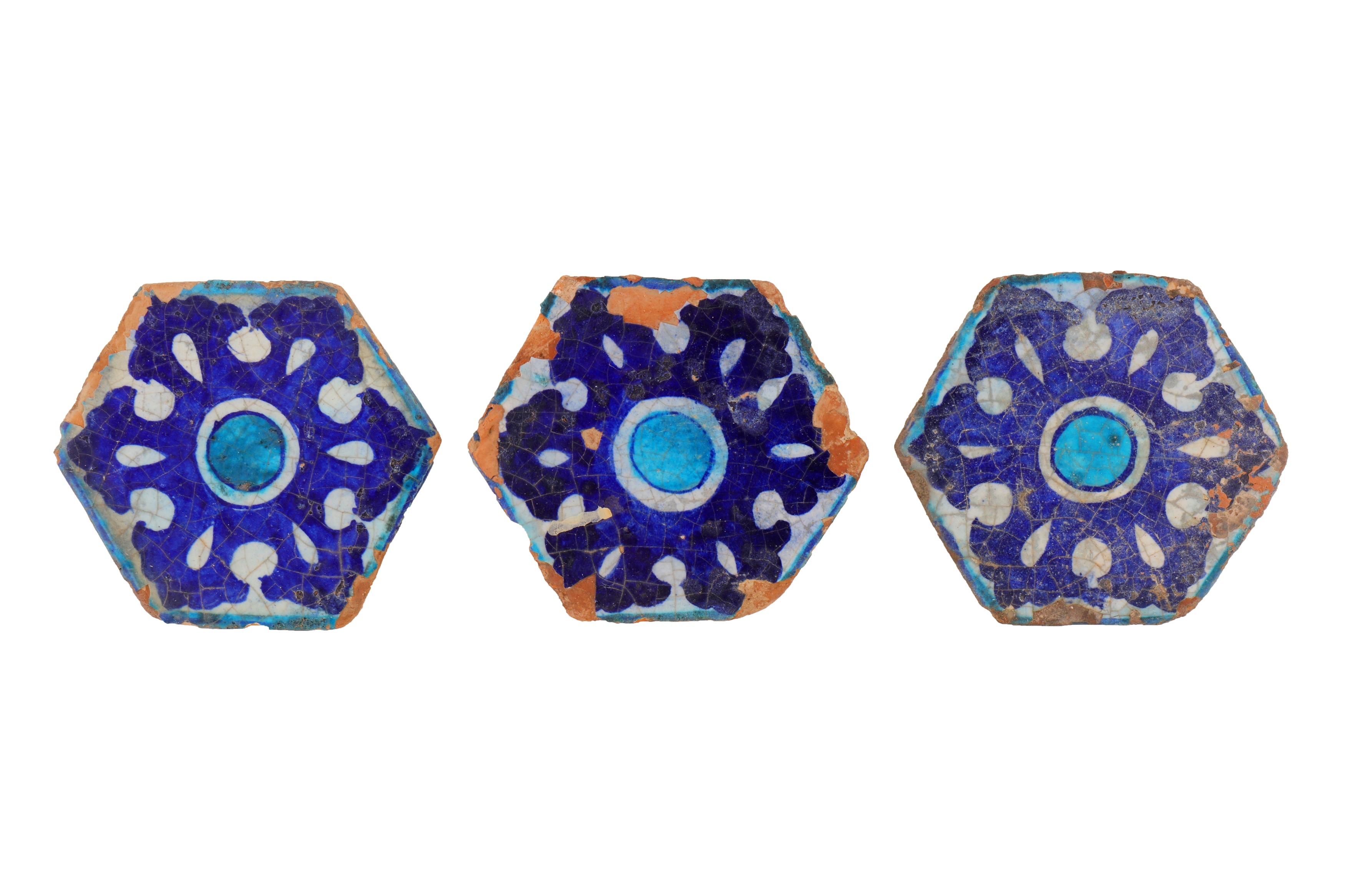 THREE 14TH-16TH CENTURY INDIAN SULTANATE DECCAN GLAZED POTTERY HEXAGONAL TILES