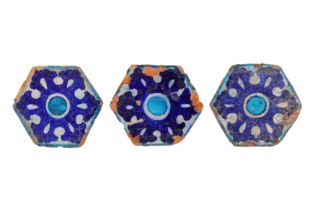 THREE 14TH-16TH CENTURY INDIAN SULTANATE DECCAN GLAZED POTTERY HEXAGONAL TILES