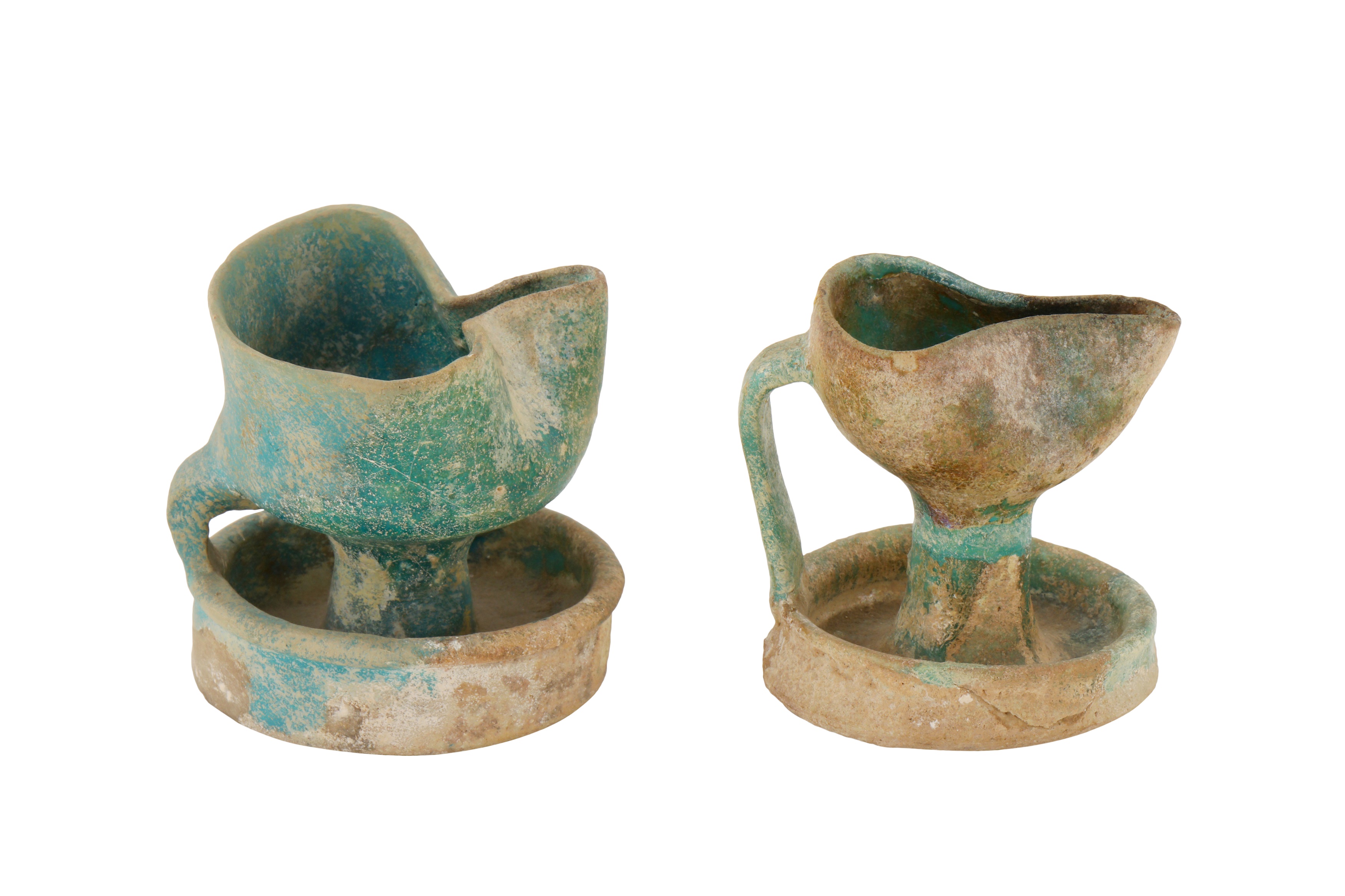 TWO 12TH-13TH CENTURY ANDALUSIAN SPANISH ALMOHAD TURQUOISE GLAZED OIL LAMPS - Image 3 of 3