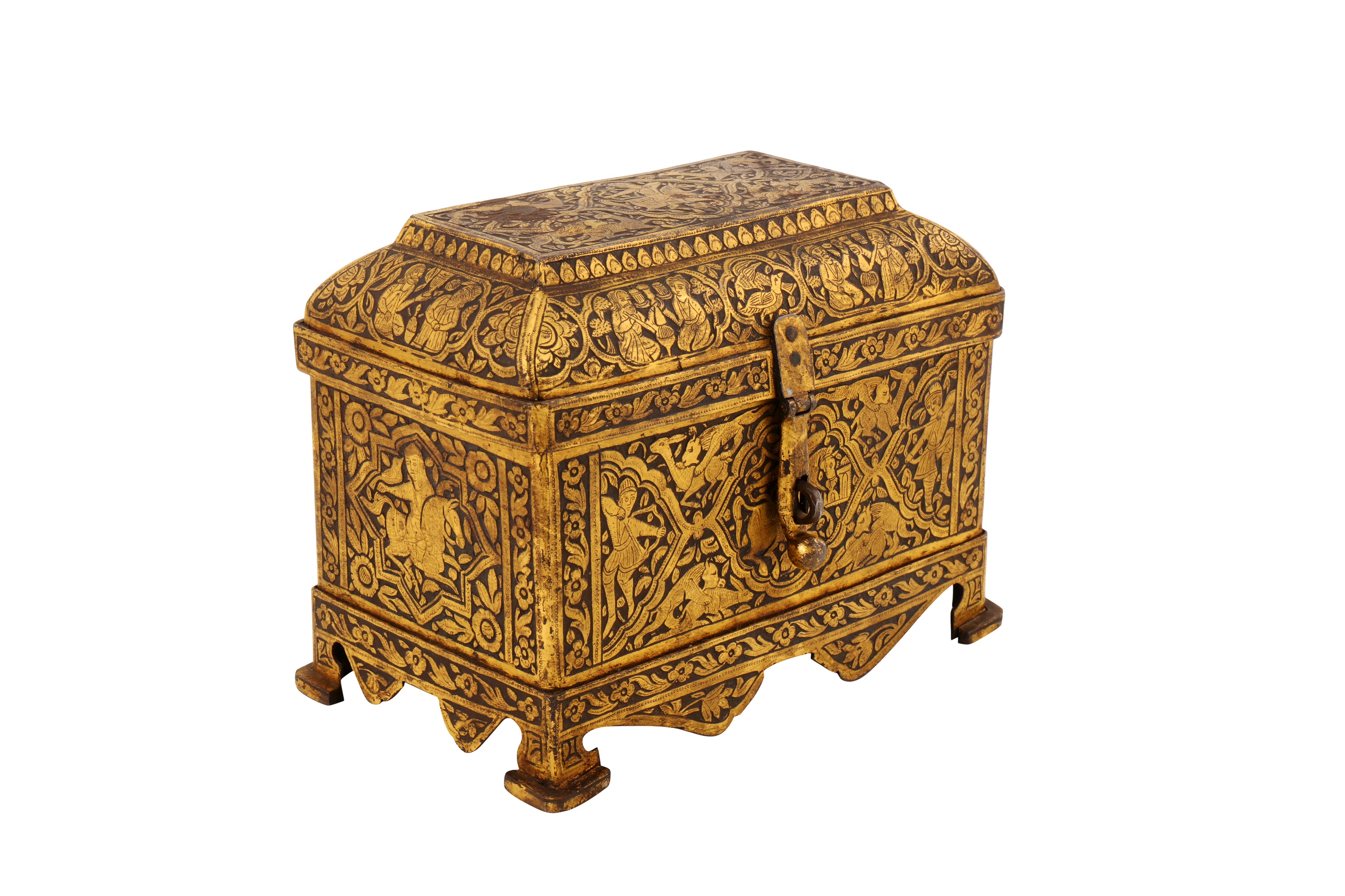 A FINE 19TH CENTURY PERSIAN QAJAR GOLD-DAMASCENED STEEL CASKET