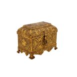 A FINE 19TH CENTURY PERSIAN QAJAR GOLD-DAMASCENED STEEL CASKET