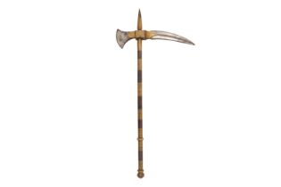 A 19TH CENTURY NORTH INDIAN SIALKOT GOLD OVERLAID STEEL TABAR AXE