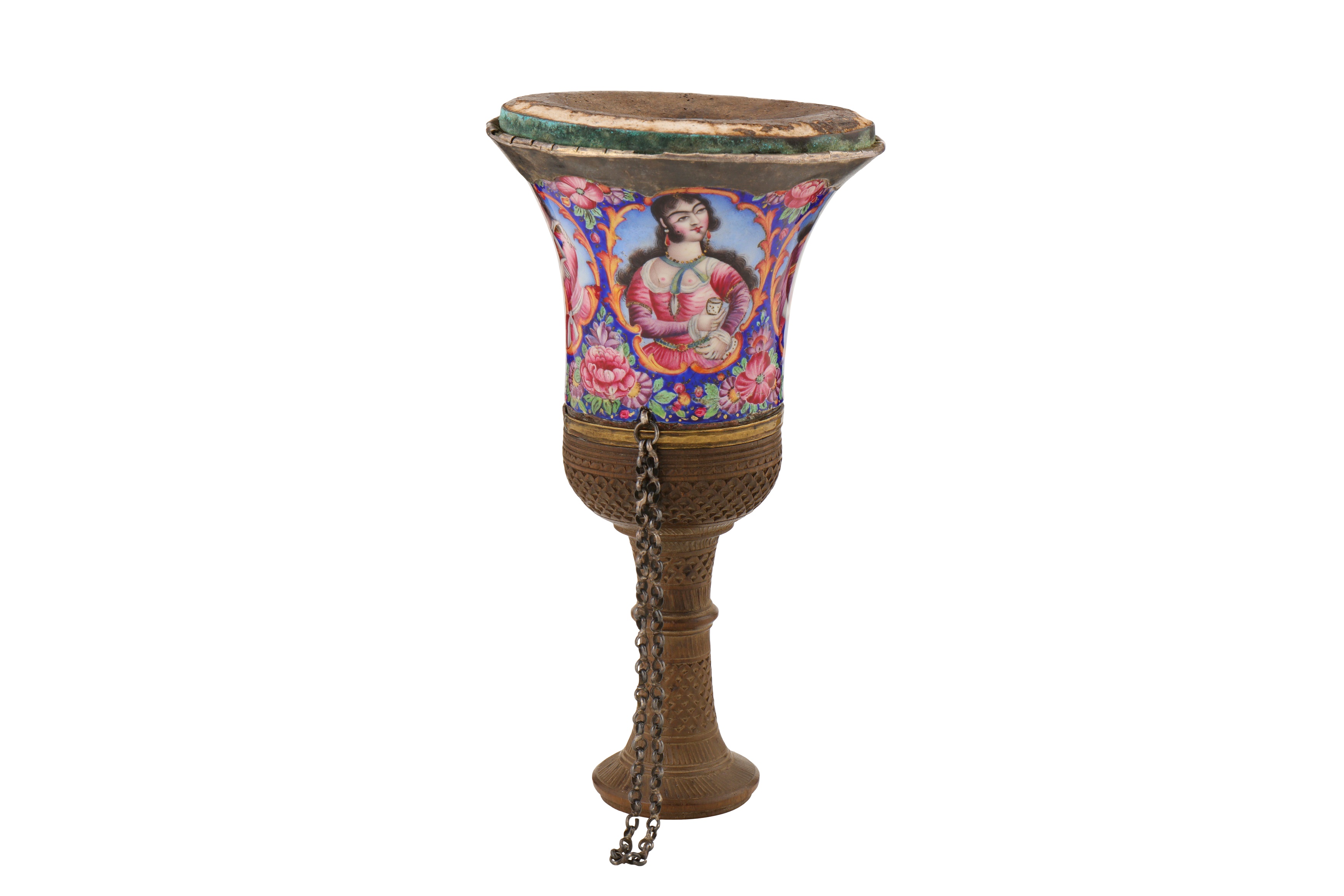 A 19TH CENTURY PERSIAN QAJAR ENAMELLED COPPER GHALIAN CUP - Image 2 of 4