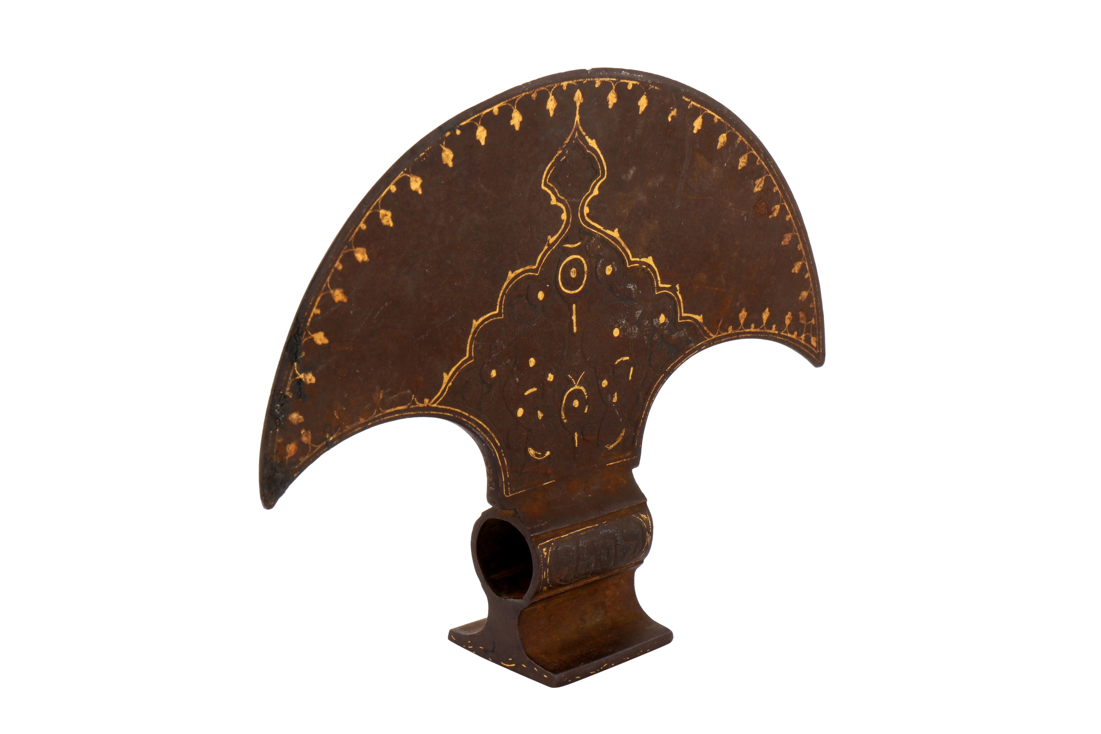 A 19TH CENTURY PERSIAN QAJAR GOLD-DAMASCENED STEEL TABAR AXE HEAD - Image 4 of 5