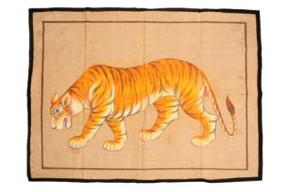 A 20TH CENTURY INDIAN LARGE CLOTH PAINTING OF A TIGER, RAJASTHAN