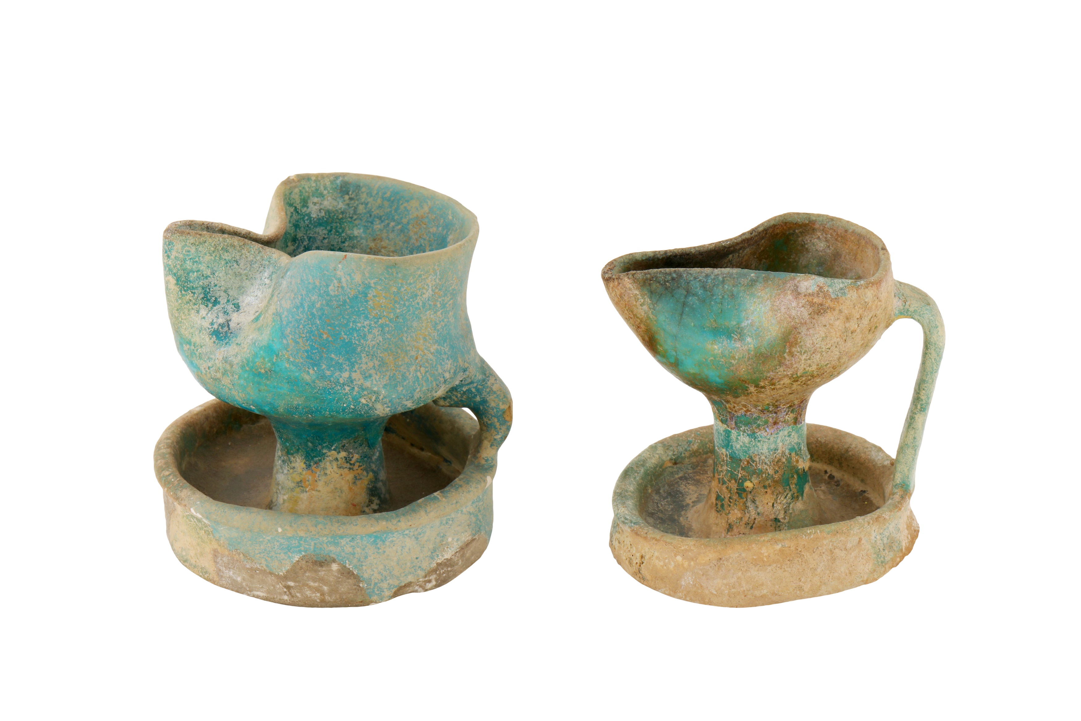 TWO 12TH-13TH CENTURY ANDALUSIAN SPANISH ALMOHAD TURQUOISE GLAZED OIL LAMPS
