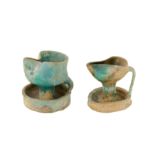 TWO 12TH-13TH CENTURY ANDALUSIAN SPANISH ALMOHAD TURQUOISE GLAZED OIL LAMPS