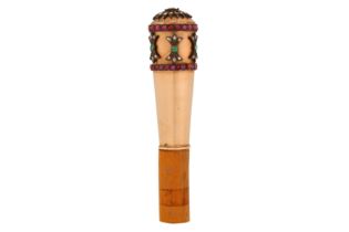 A 19TH CENTURY OTTOMAN TURKEY, BEJEWELLED COPPER WALKING STICK HANDLE