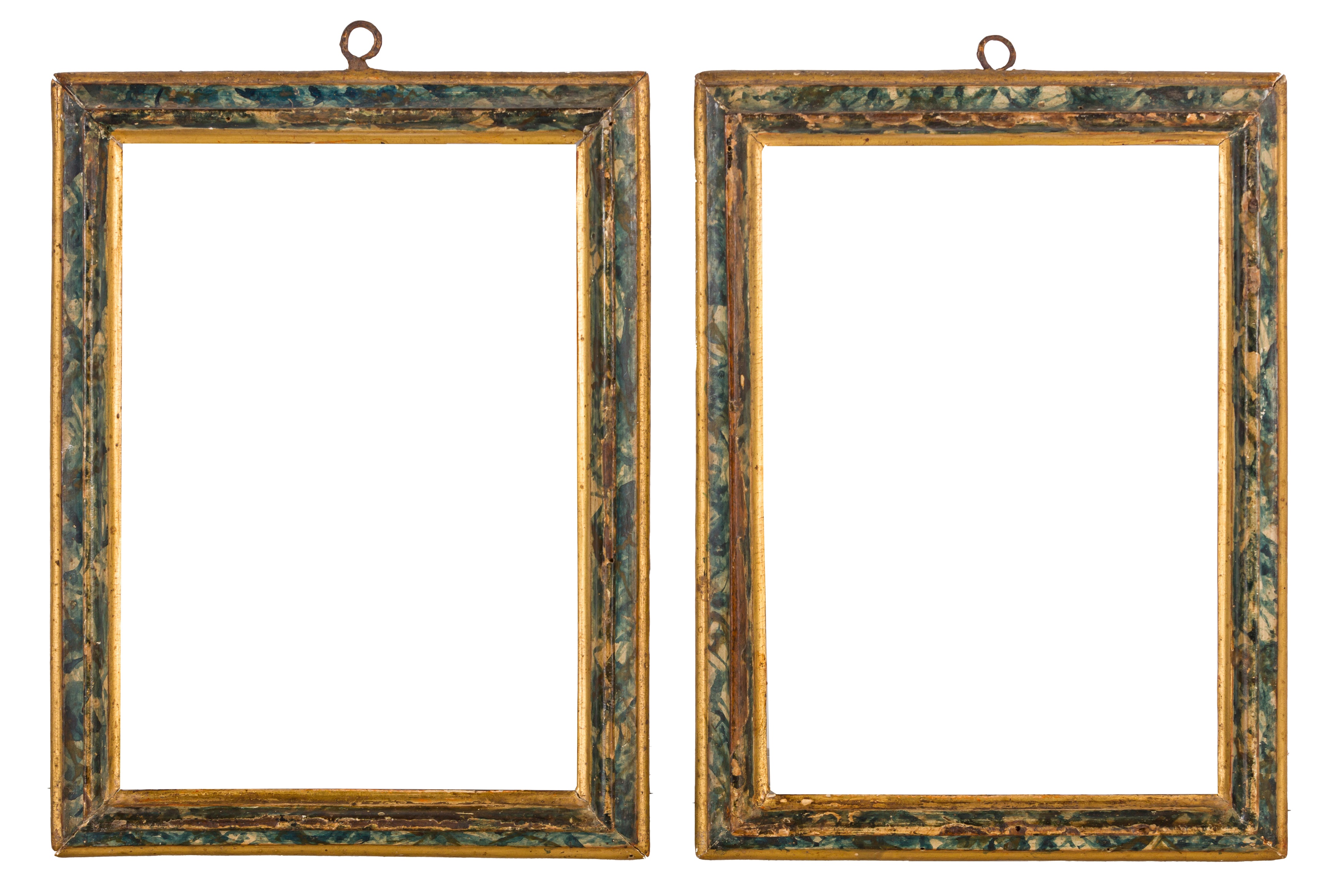 A PAIR OF ITLALIAN 17TH CENTURY STYLE CARVED, GILDED AND PAINTED FRAMES