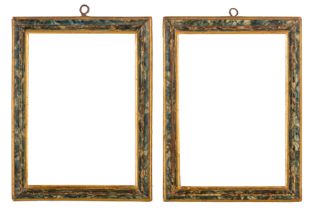A PAIR OF ITLALIAN 17TH CENTURY STYLE CARVED, GILDED AND PAINTED FRAMES