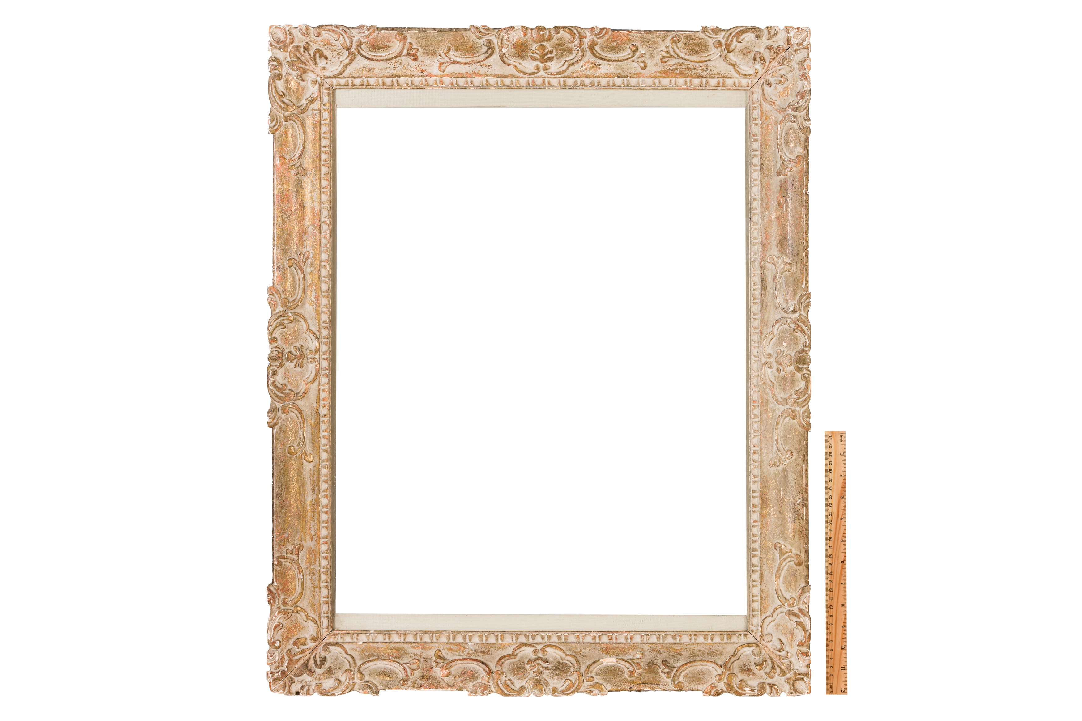 A LOUIS XIV STYLE CARVED AND GILDED FRAME With dentil sight, taenia, plain frieze, leaf cartouche - Image 4 of 4
