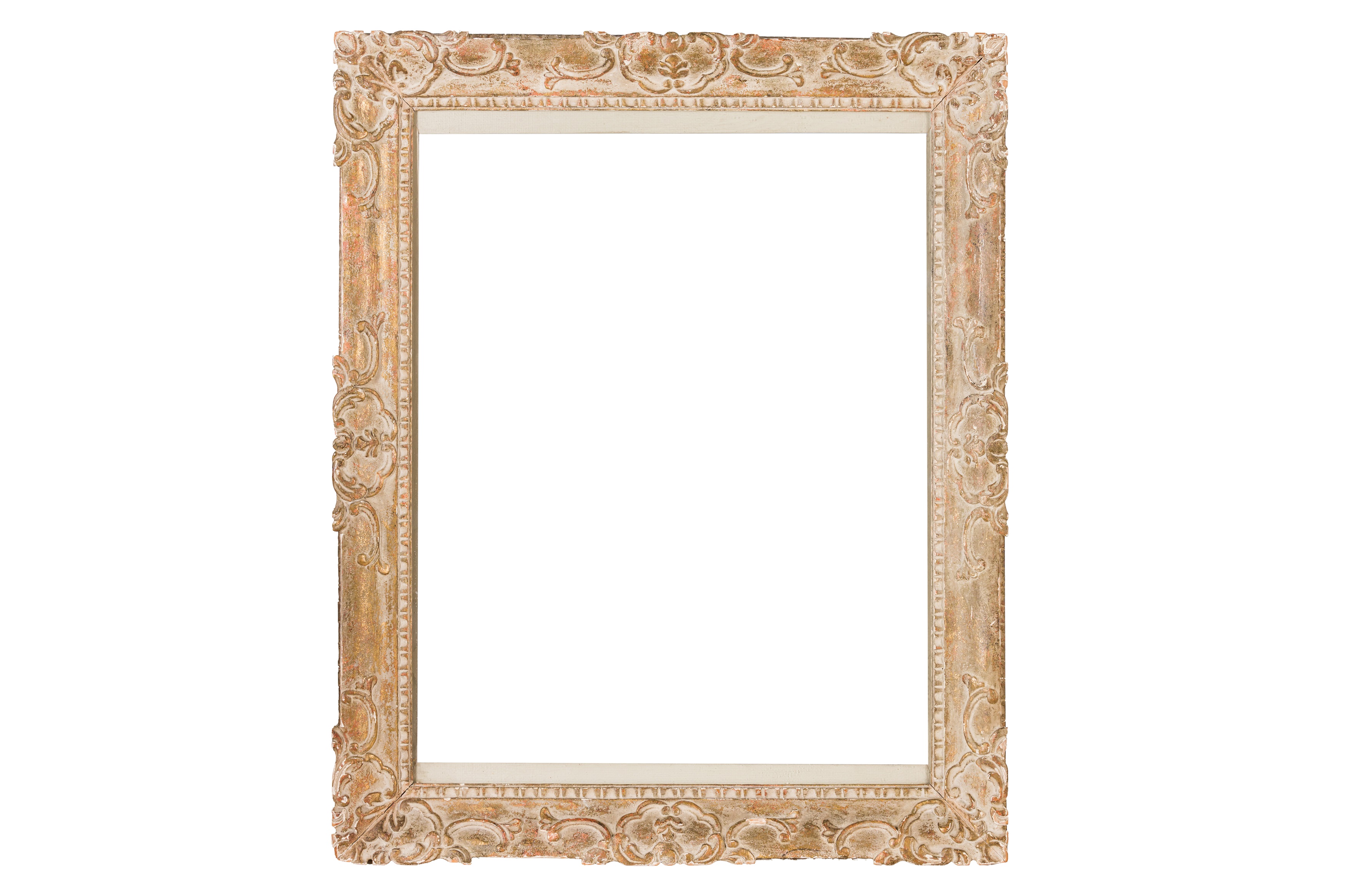 A LOUIS XIV STYLE CARVED AND GILDED FRAME With dentil sight, taenia, plain frieze, leaf cartouche