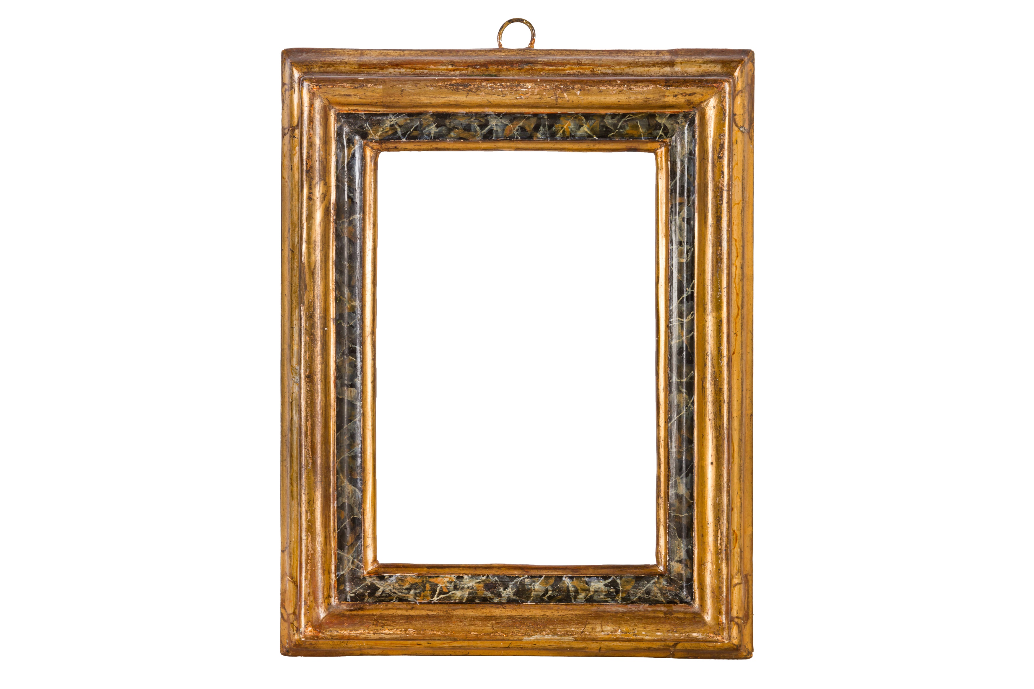 AN ITLALIAN 17TH CENTURY STYLE CARVED, GILDED AND PAINTED FRAME