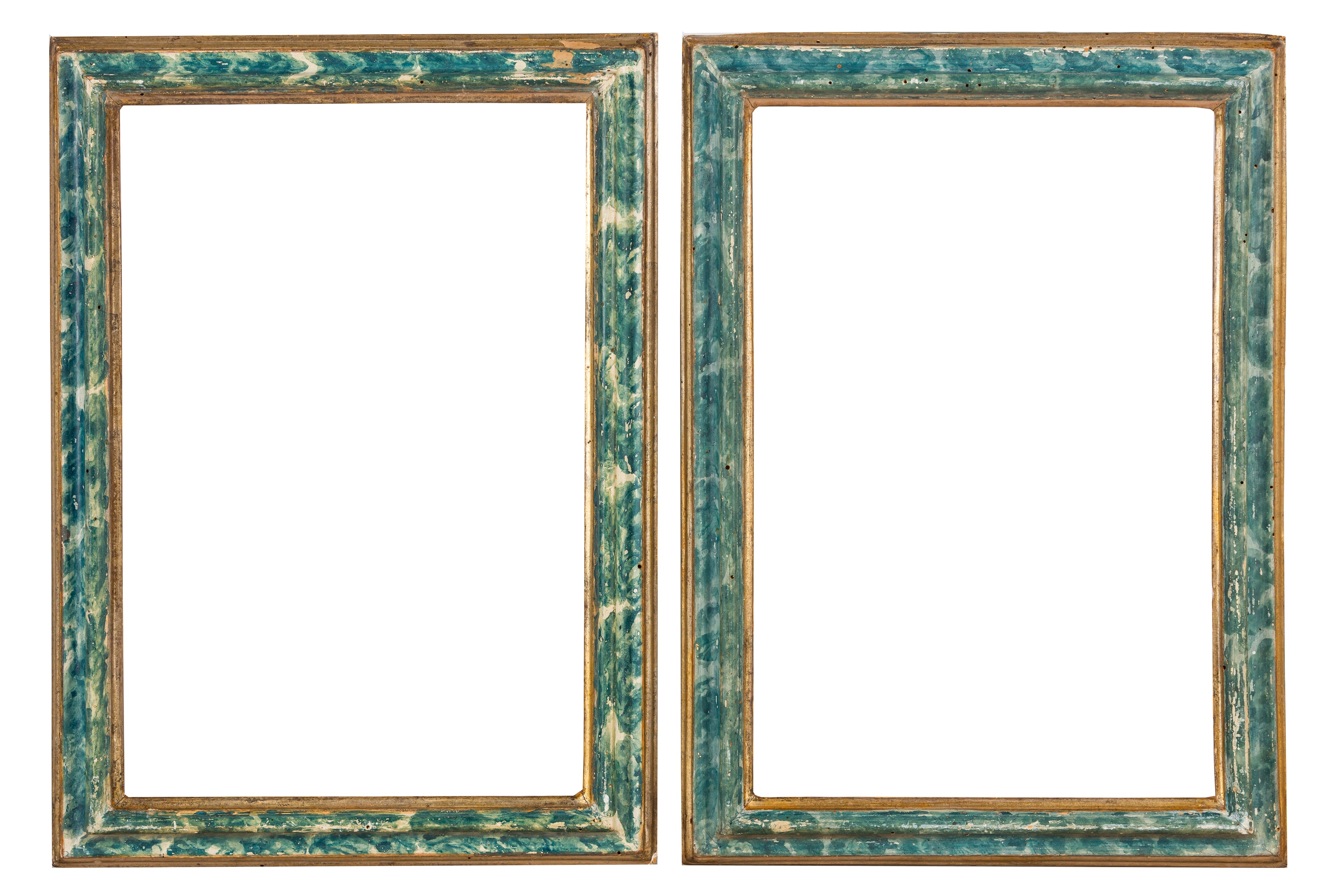 A PAIR OF ITLALIAN 17TH CENTURY STYLE CARVED, GILDED AND PAINTED FRAME