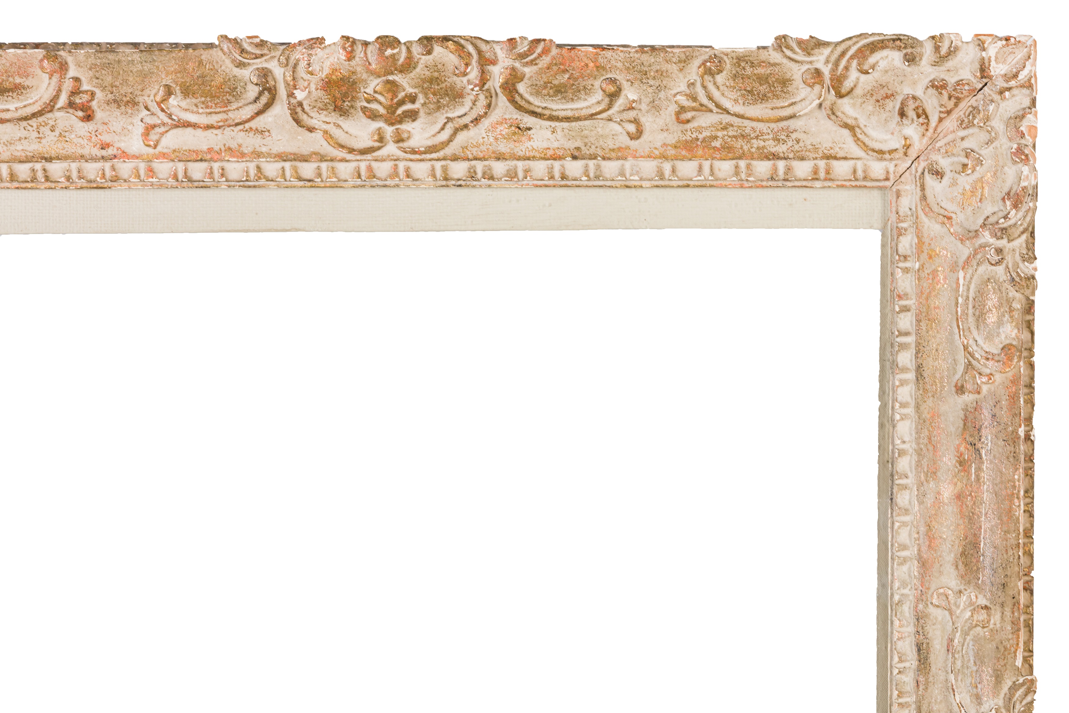 A LOUIS XIV STYLE CARVED AND GILDED FRAME With dentil sight, taenia, plain frieze, leaf cartouche - Image 2 of 4