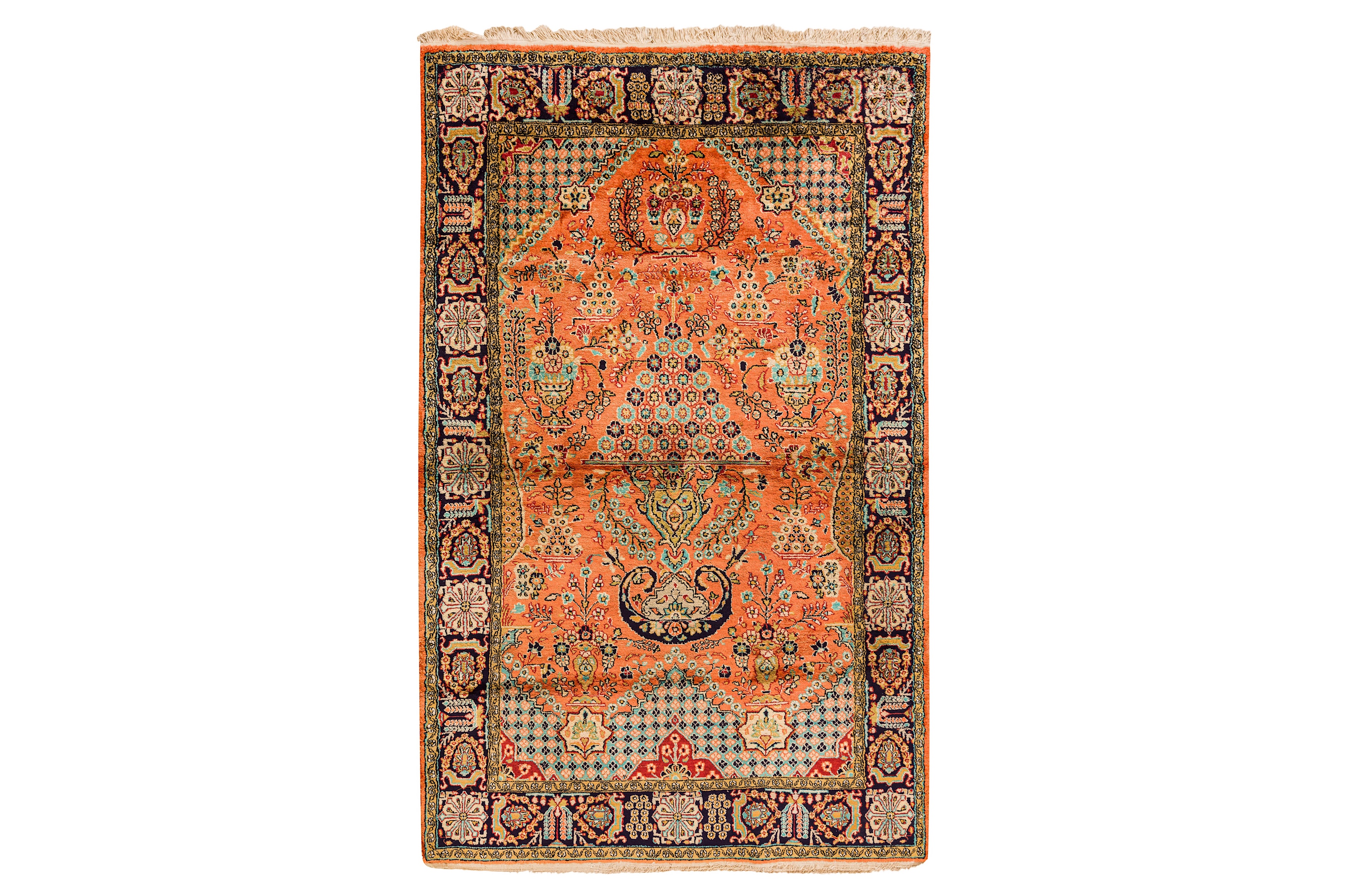 A FINE SILK QUM PRAYER RUG, CENTRAL PERSIA