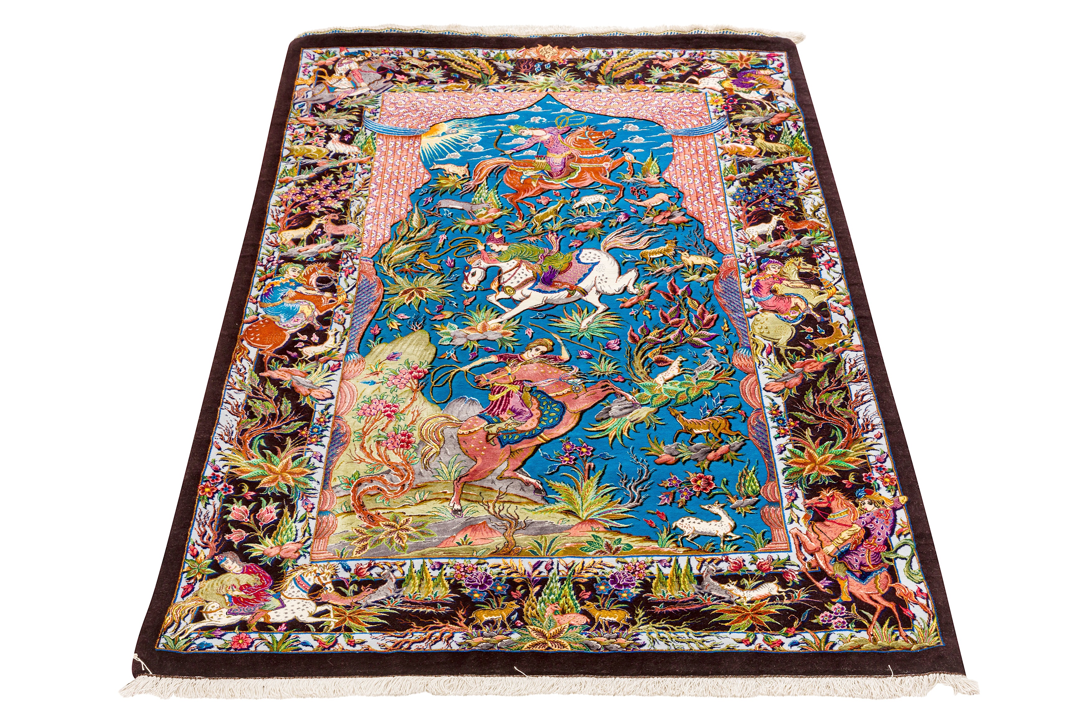 AN EXTREMELY FINE SIGNED SILK RUG WITH HUNTING DESIGN, CENTRAL PERSIA - Image 2 of 8