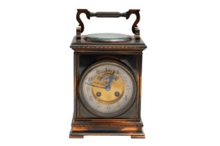 A LATE 19TH CENTURY FRENCH COPPER CASED OVERSIZED TRAVEL CLOCK WITH COMPASS AND THERMOMETER TO TOP,