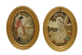 A PAIR OF 19TH CENTURY SILK AND STUMPWORK OVAL PORTRAITS