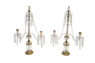 A PAIR OF GEORGE III BRONZE AND CUT GLASS TWIN BRANCH CANDELABRA