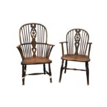 TWO VICTORIAN ASH AND ELM WINDSOR ELBOW CHAIRS