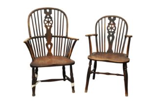 TWO VICTORIAN ASH AND ELM WINDSOR ELBOW CHAIRS