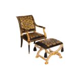 AN EMPIRE STYLE ARMCHAIR AND MATCHING FOOTSTOOL