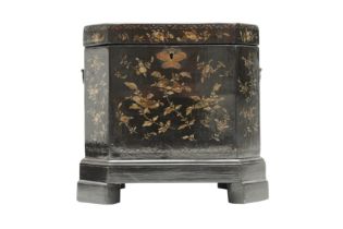 A GEORGE III CHINOISERIE BLACK LAQUERED CELLARETTE