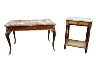 A FRENCH MARBLE-TOP COFFEE TABLE AND A MARBLE-TOP SIDE TABLE