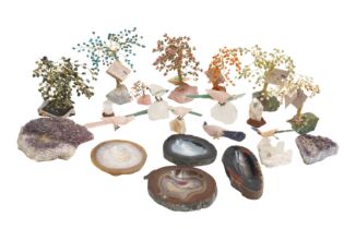 A GROUP OF DECORATIVE GEMSTONE TREES AND FABERGE STYLE QUARTZ PARROTS