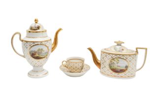 A REGENCY MINTON BONE CHINA COFFEE POT, TEA POT, CUP AND SAUCER, CIRCA 1810