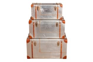 A GRADUATED SET OF THREE AVIATION-INSPIRED TRUNKS