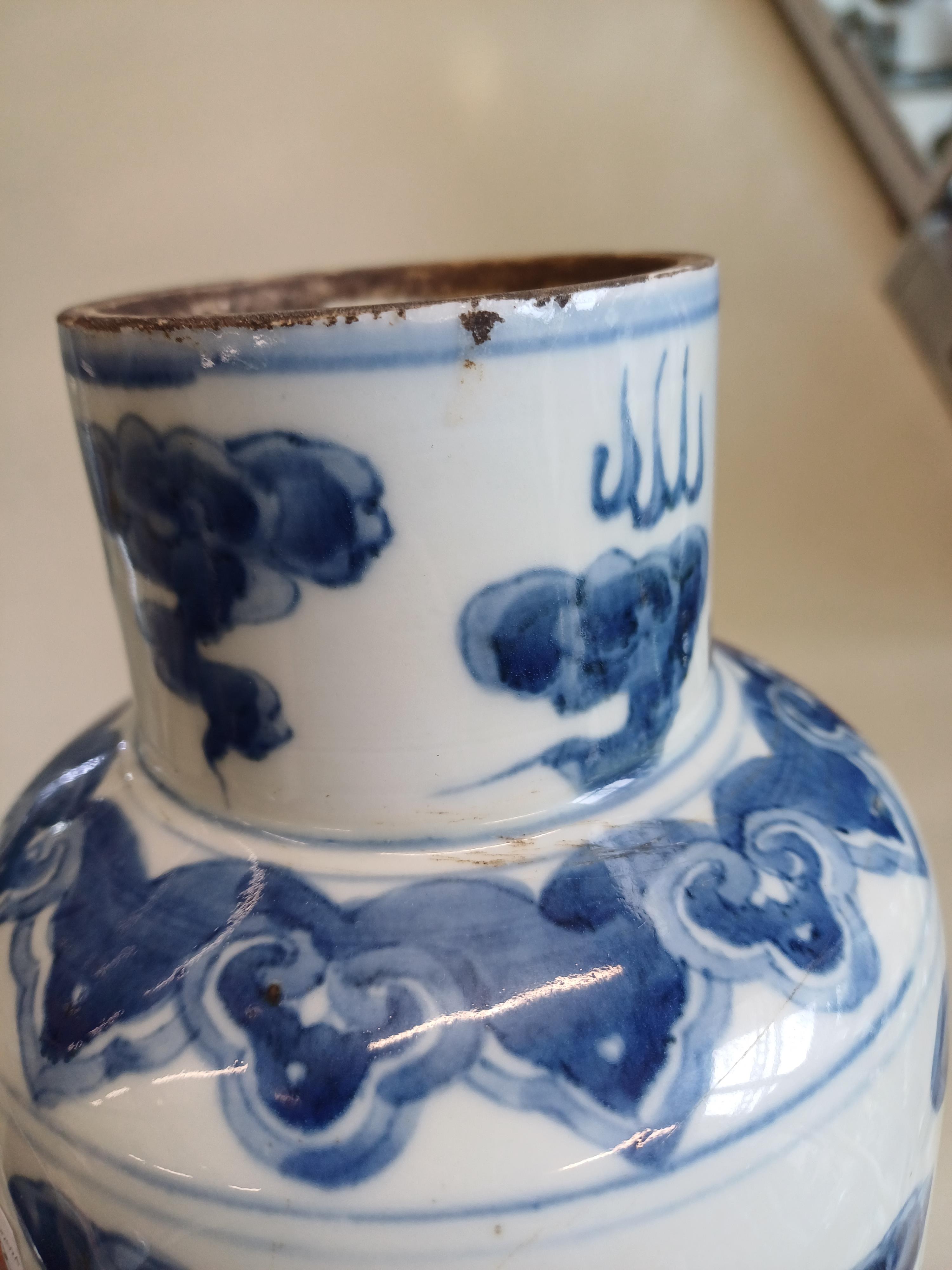 A CHINESE BLUE AND WHITE 'LION DOGS' VASE 清十八或十九世紀 青花佛獅戲球紋瓶 - Image 2 of 11